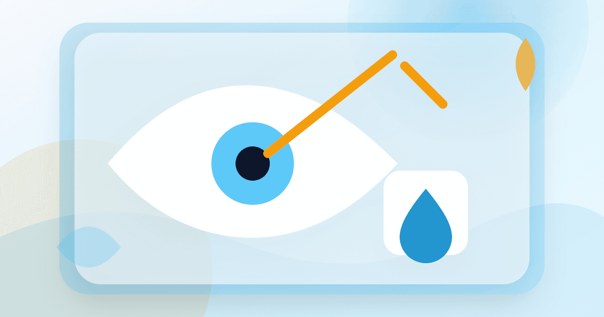 Illustration of LASIK recovery aftercare with protective shield, lubricating drops, and screen breaks